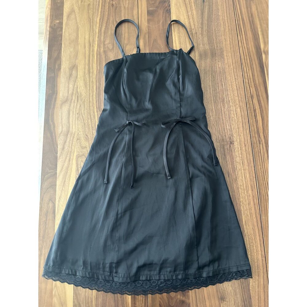 Black Satin Mini Dress with Lace Trim & Adjustable Tie Waist | Y2K Coquette
